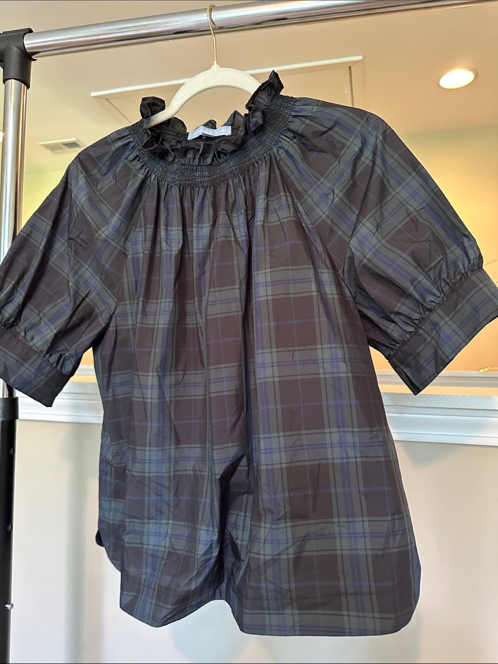 ANTONIO MELANI Dark Navy and Black Plaid Short-Sleeve Blouse